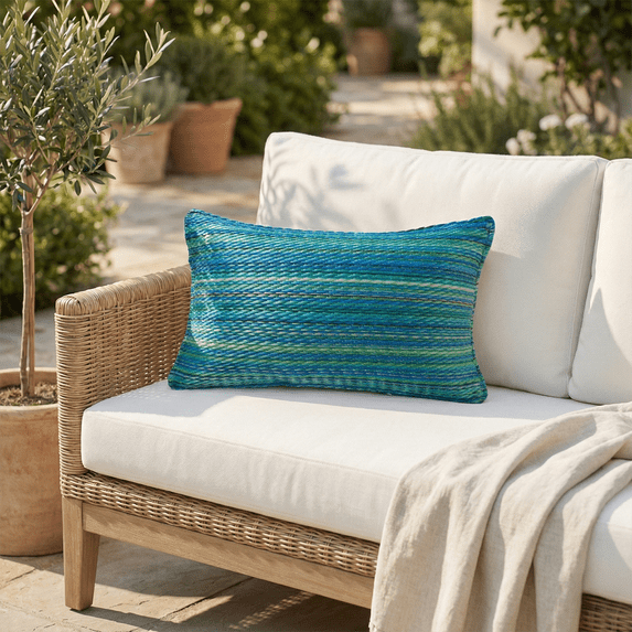 Fab Habitat Outdoor Premium Recycled Plastic Lumbar Pillow - Waterproof, Fade Resistant - Striped - Patio, Porch, Deck, Balcony - Cancun - Turquoise & Moss Green - 14" x 22"