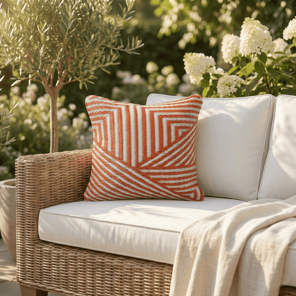 Fab Habitat Outdoor Premium Recycled Plastic Pillow - Waterproof, Fade Resistant - Modern Geometric - Patio, Porch, Deck, Balcony - Tokyo - Burnt Orange - 16.5" x 16.5"