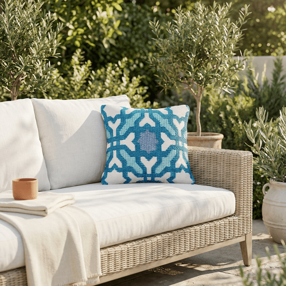 Fab Habitat Outdoor Premium Recycled Plastic Pillow - Waterproof, Fade Resistant - Spanish Tile Farmhouse - Patio, Porch, Deck, Balcony - Seville - Multicolor Blue - 16.5" x 16.5"