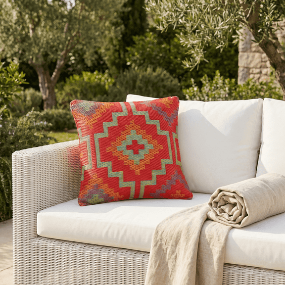 Fab Habitat Outdoor Premium Recycled Plastic Pillow - Waterproof, Fade Resistant - Vintage Boho Kilim - Patio, Porch, Deck, Balcony - Lhasa - Orange & Violet - 16.5" x 16.5"