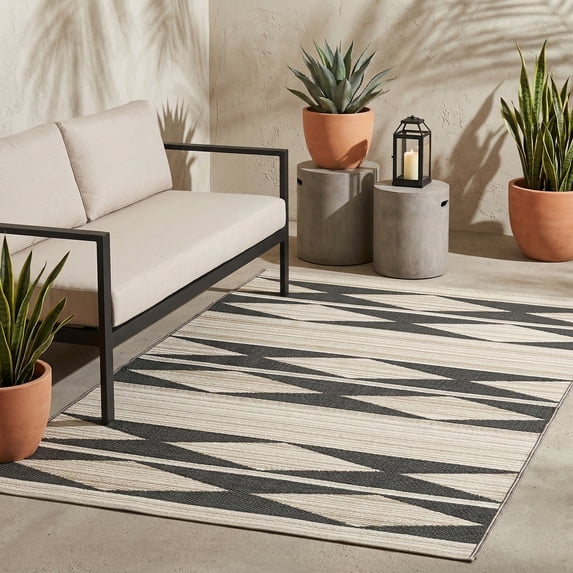 Fab Habitat Outdoor Rug - Waterproof, Fade Resistant, Crease-Free - Premium Recycled Plastic - Neutral Geometric Tribal - Large Patio, Deck, Sunroom, Camping, RV - Cairo - Natural & Black - 6 x 9 ft