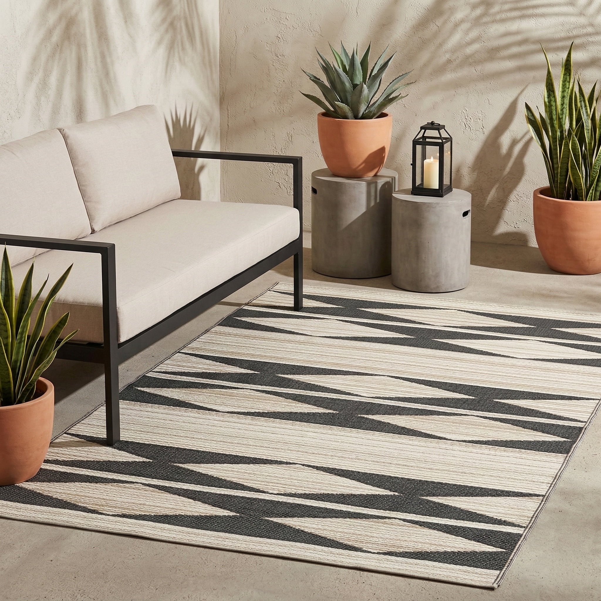 Fab Habitat Outdoor Rug - Waterproof, Fade Resistant, Crease-Free - Premium Recycled Plastic - Neutral Geometric Tribal - Patio, Porch, Deck, Balcony - Cairo - Natural & Black - 5 x 8 ft