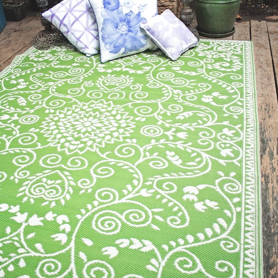 Fab Habitat Outdoor Rug - Waterproof, Fade Resistant, Crease-Free - Premium Recycled Plastic - Persian Floral - Porch, Deck, Balcony, Laundry Room, Patio - Murano - Lime Green & Cream - 3 x 5 ft