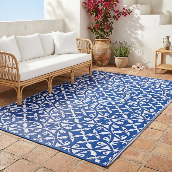 Fab Habitat Outdoor Rug - Waterproof, Fade Resistant, Crease-Free - Premium Recycled Plastic - Spanish Tile Farmhouse - Porch, Deck, Balcony, Laundry Room, Patio - San Juan - Dark Blue - 3 x 5 ft