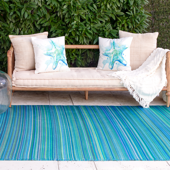 Fab Habitat Outdoor Rug - Waterproof, Fade Resistant, Crease-Free - Premium Recycled Plastic - Striped - Large Patio, Deck, Sunroom, Camping, RV - Cancun - Turquoise & Moss Green - 6 x 9 ft