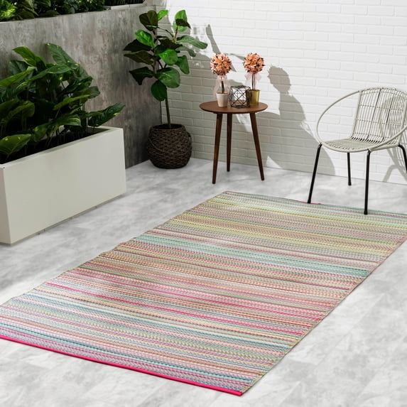 Fab Habitat Outdoor Rug - Waterproof, Fade Resistant, Crease-Free - Premium Recycled Plastic - Striped - Patio, Deck, Porch, Balcony, Laundry Room - Cancun - Candy - 4 x 6 ft