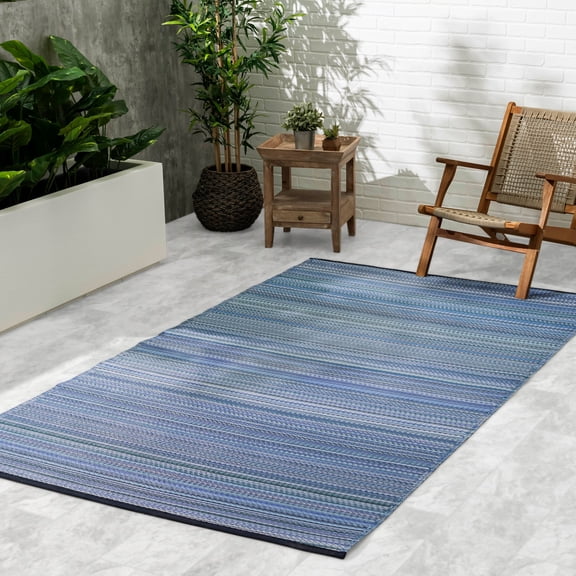 Fab Habitat Outdoor Rug - Waterproof, Fade Resistant, Crease-Free - Premium Recycled Plastic - Striped - Patio, Deck, Porch, Balcony, Laundry Room - Cancun - Indigo - 4 x 6 ft