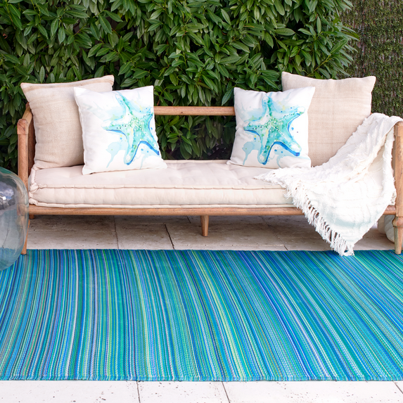 Fab Habitat Outdoor Rug - Waterproof, Fade Resistant, Crease-Free - Premium Recycled Plastic - Striped - Patio, Porch, Deck, Balcony, Sunroom - Cancun - Turquoise & Moss Green - 5 x 8 ft
