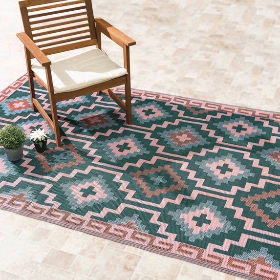 Fab Habitat Outdoor Rug - Waterproof, Fade Resistant, Crease-Free, Reversible - Premium Recycled Plastic - Vintage Boho Kilim - Patio, Porch, Deck, Balcony - Lhasa - Green - 5 x 8 ft