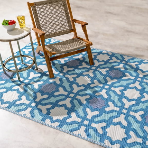 Fab Habitat Outdoor Rug - Waterproof, Fade Resistant, Reversible - Premium Recycled Plastic - Spanish Tile - Porch, Deck, Balcony, Laundry Room, Patio - Seville - Multicolor Blue - 3 x 5 ft