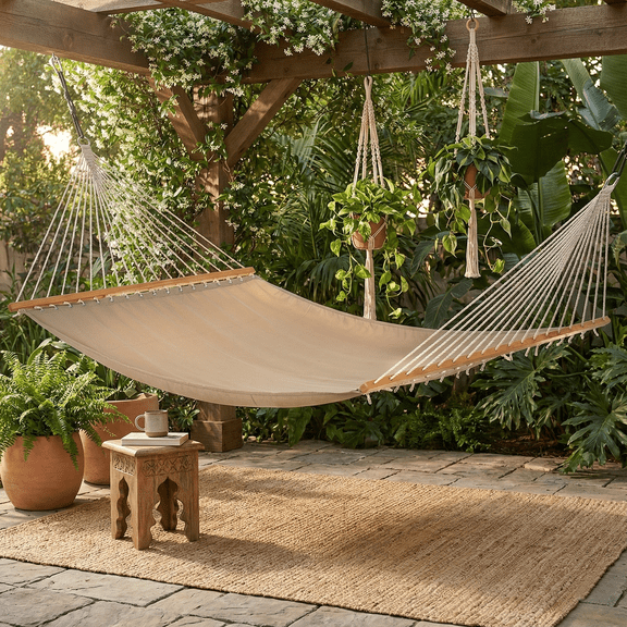Fab Habitat Solid Recycled Polyester Hammock - Fargo - Khaki - Indoor/Outdoor, Quick Dry, 2 Person 460 lbs Capacity - Patio, Poolside, Backyard, Garden, Beach, Balcony - 12-14 ft Adjustable