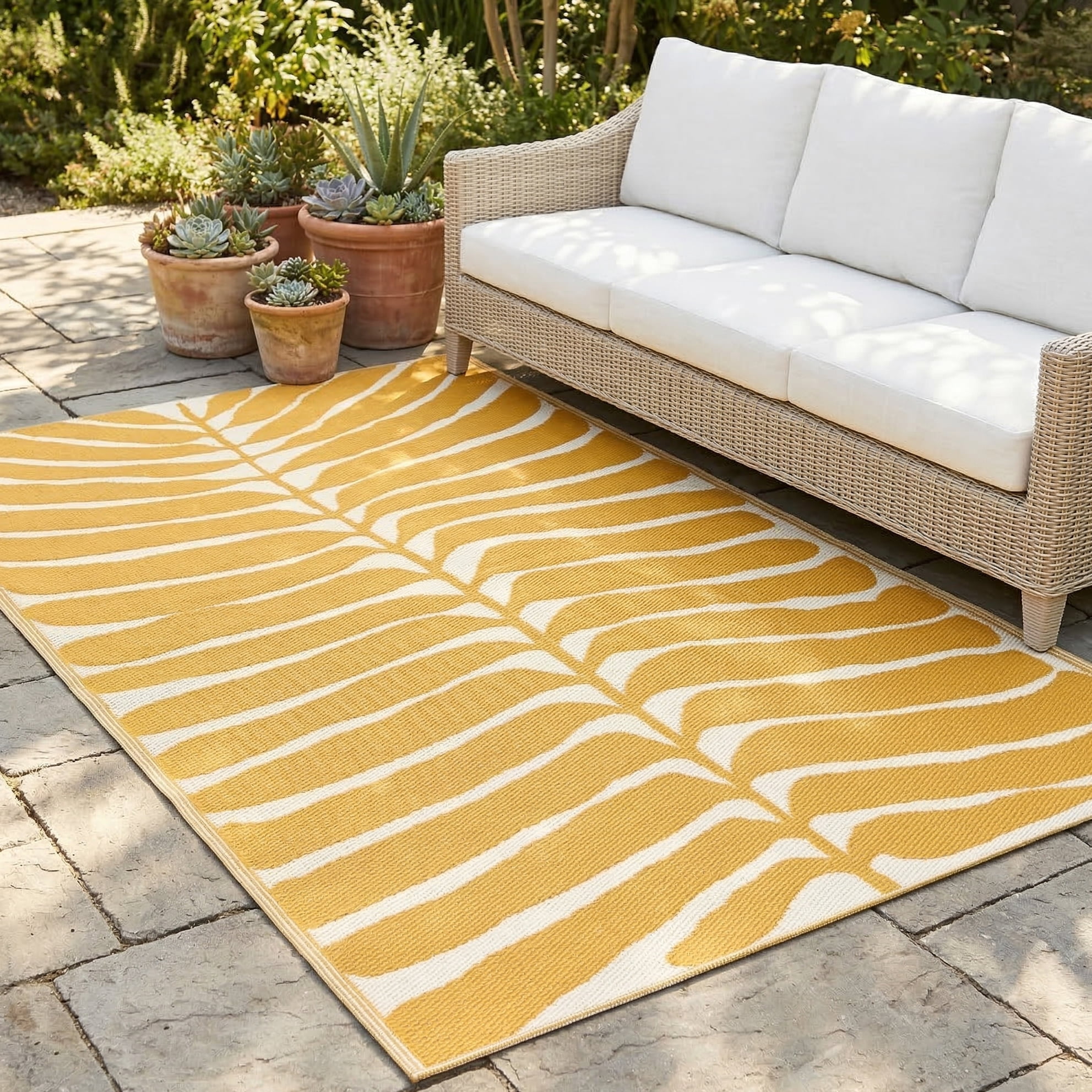Fab Habitat Tropical Botanical Floral Outdoor Rug - Waterproof, Crease-Free Fade Resistant, Reversible - Recycled Plastic - Patio Porch Balcony Deck Yard Garden - Hilo Honey - 5x8 ft