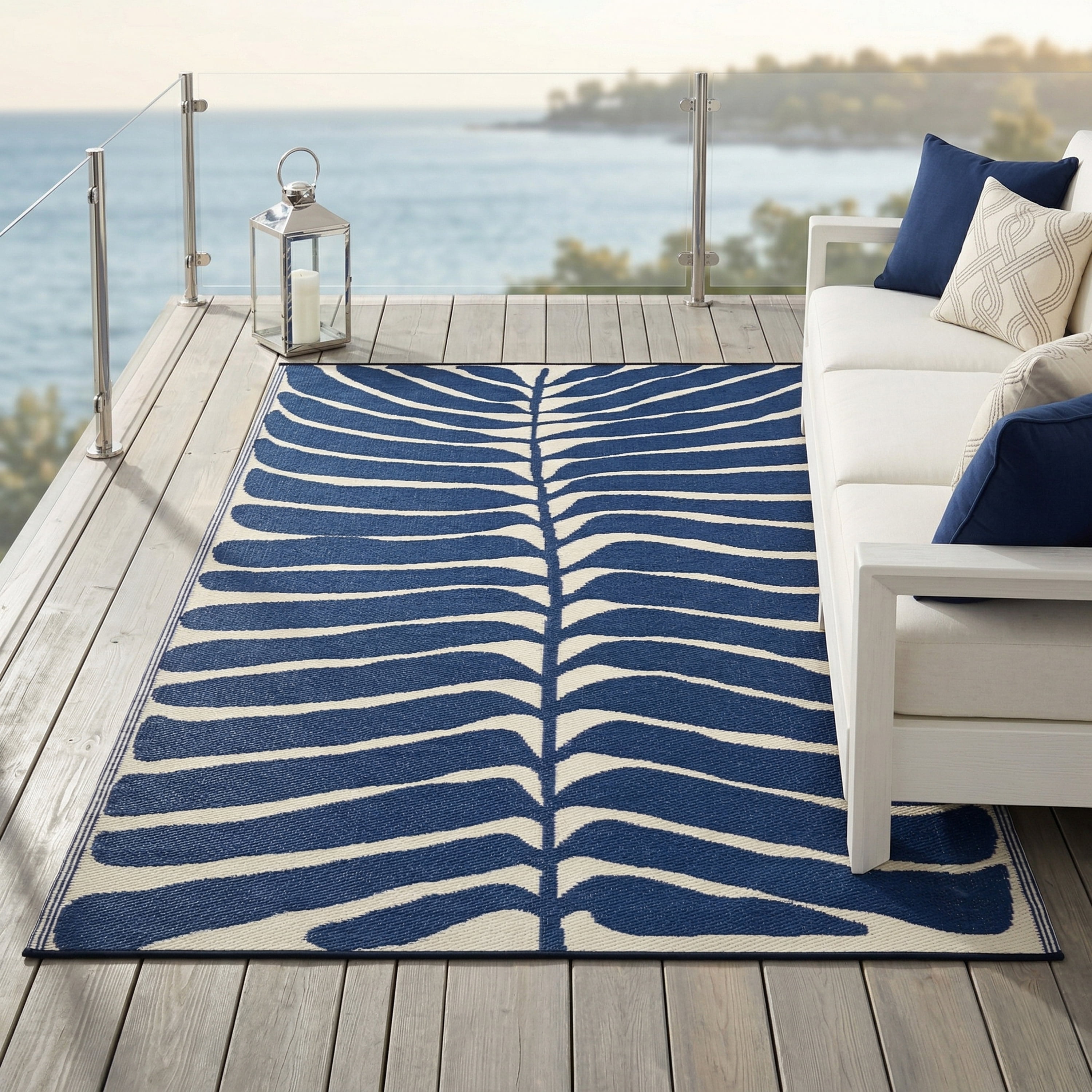Fab Habitat Tropical Botanical Floral Outdoor Rug - Waterproof, Crease-Free Fade Resistant, Reversible - Recycled Plastic - Patio Porch Balcony Deck Yard Garden - Hilo Navy - 5x8 ft
