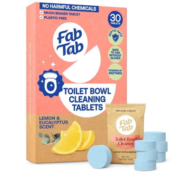 Fab Tab Toilet Bowl Cleaner Tablets, Powerful Stain Removal, No Harsh Chemicals, Plastic-Free, Removes Rust & Stains, Safe for Regular and Septic Tank Toilets, Lemon & Eucalyptus Scent