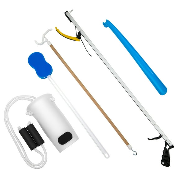 FabLife™ Multiple Tool Hip Kit Daily Living Aid for Hip, Knee, and Back Rehabilitation, Including: 32" Reacher, Contoured Sponge, Formed Sock Aid, 18" Plastic Shoehorn and 24" Dressing Stick