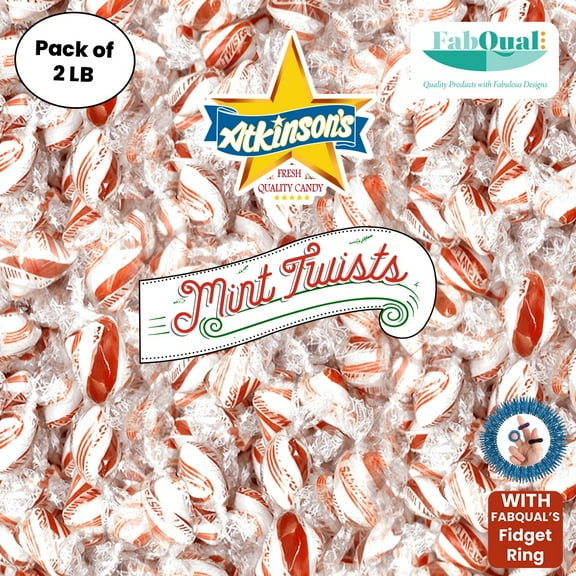 FabQual's Bundle: 2LB Atkinson Candy Peppermint Red & White Mint Candy Twists, Hard Candy, Bulk Pack of 2 Pounds