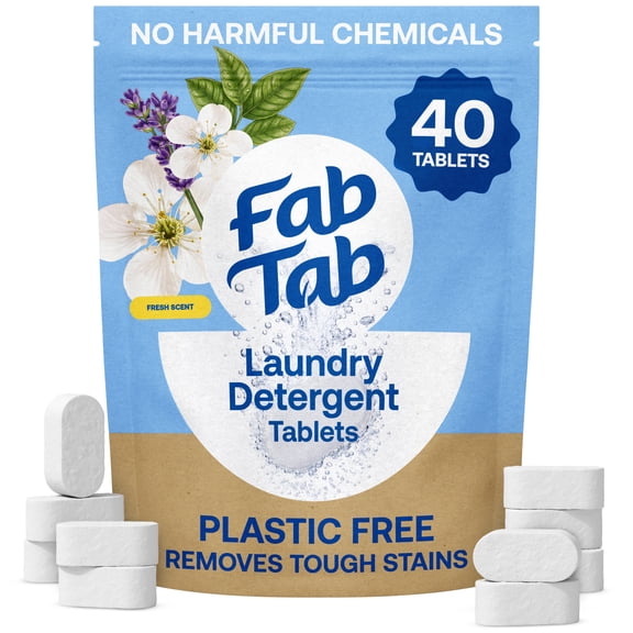 FabTab 100% Plastic-Free Laundry Detergent Tablets, Plant-Based, Fresh Scent, 40 Count