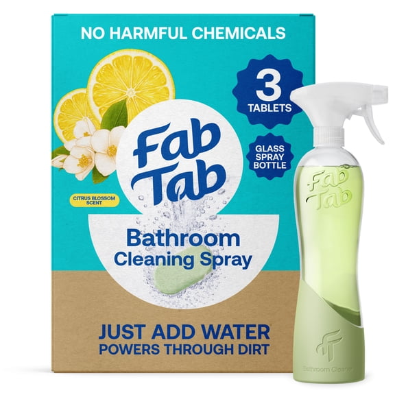 FabTab Bathroom Cleaner Starter Kit, Refillable Glass Spray Bottle + 3 All-Purpose Cleaner Tablets, Citrus & Blossom Scent, Plant-Based & Plastic-Free