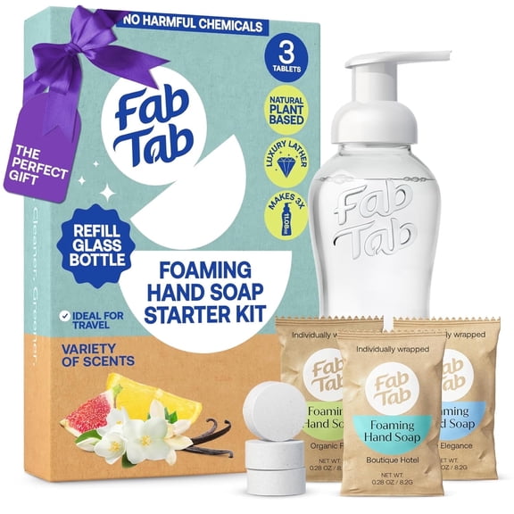 FabTab Foaming Hand Soap Starter Kit with 11.9 oz Reusable Glass Soap Dispenser Bottle, 3 Scented Tablet Refills