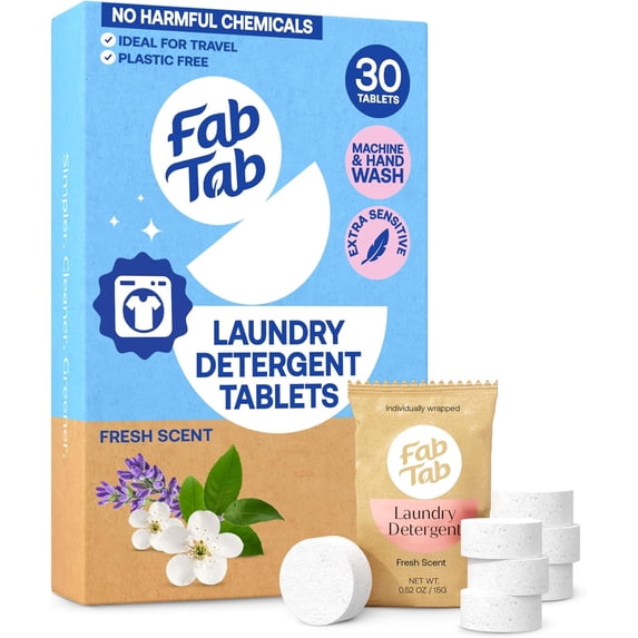 FabTab Travel Laundry Detergent Tablets, Plant-Based, Fresh Scent, 30 Count