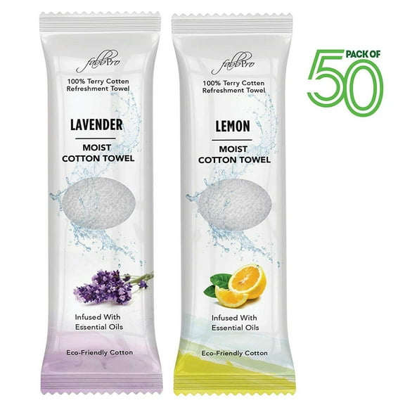 FabbPro Moist Terry Cotton Towels Lemon & Lavender Scent 25ea 50 Pack 8x8 Inches