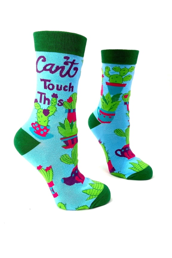 Can't Touch This Funny Saying Women's Novelty Crew Socks with Cactuses