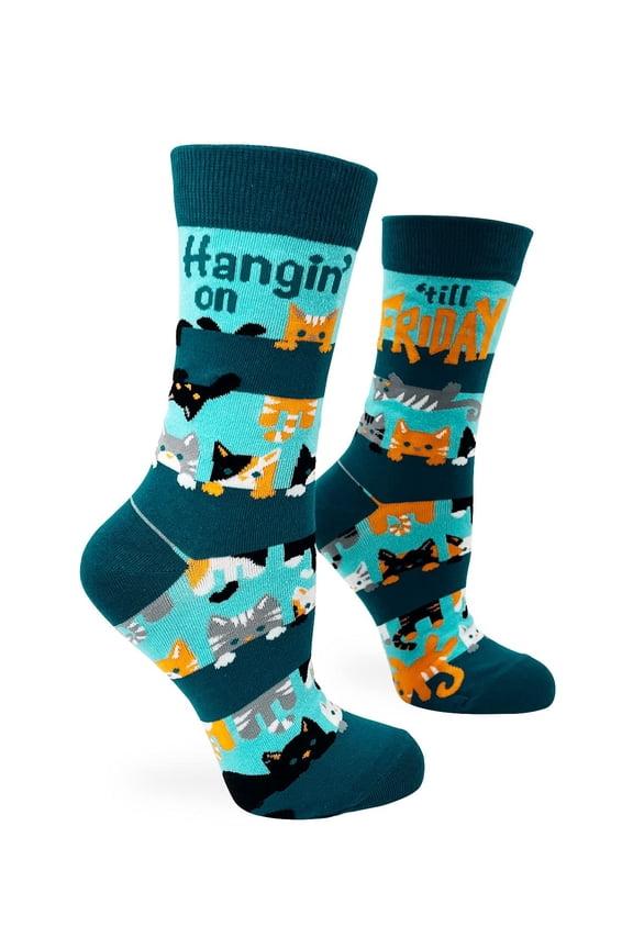 Hangin' on Till Friday Funny Cats Novelty Crew Socks for Women