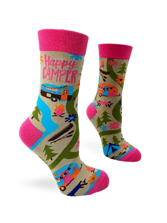 Happy Camper Camping Themed Women's Novelty Crew Socks - 1 Pair - 1 Size Fits Most