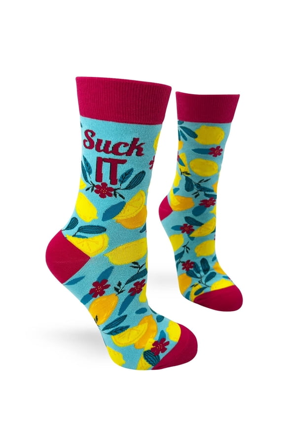 Suck It Women's Funny Saying Novelty Crew Socks with Yellow Lemons