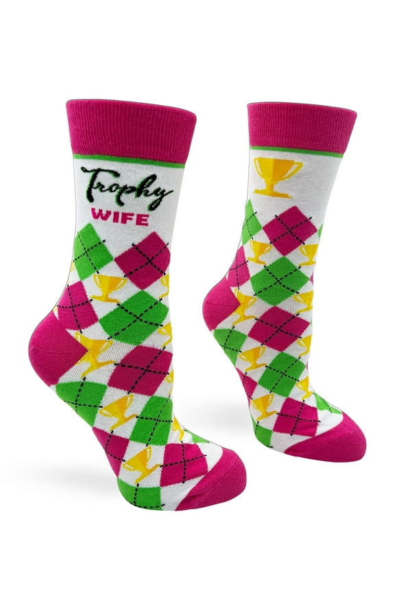 Trophy Wife Women's Novelty Crew Socks - Classy Argyle Pattern