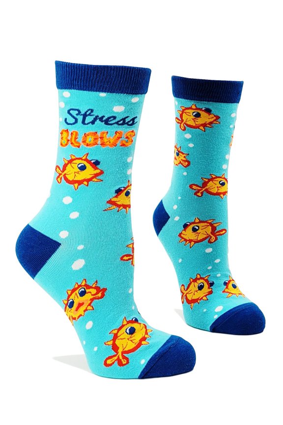 Women's Novelty Crew Socks with Saying Stress Blows Featuring a Cute Puffer Fish