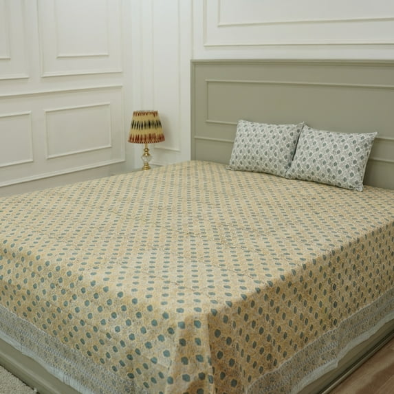 Fabdivine 100% Cotton Artisan Handmade Boho Block Floral Print 90x82 Inch Full Size Bedsheet with 2 Matching Pillow Covers Decorative for Bedroom, Living Room (Khoobsurat-Light Yellow-Blue)