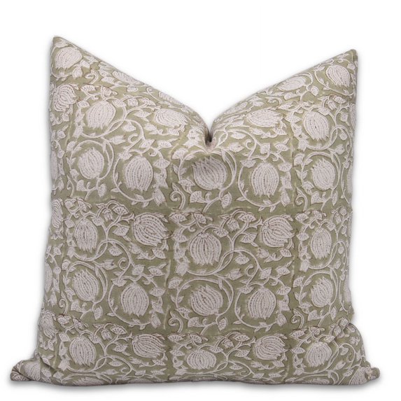 Fabdivine Block Print Throw Pillow Cover, 14x14 Inch Duck Canvas Decorative Cushion Cover, Floral Print Boho Design Green Pillow Cover for Sofa and Couch