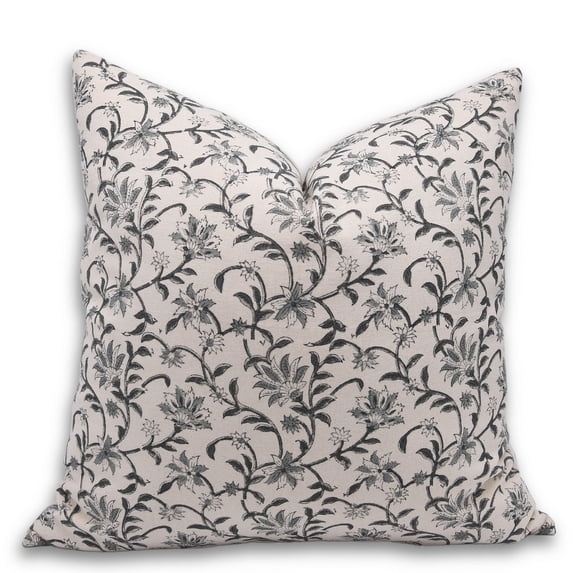 Fabdivine Block Print Throw Pillow Cover, 14x14 Inch Duck Canvas Decorative Cushion Cover, Floral Print Boho Design Grey Pillow Cover for Sofa and Couch