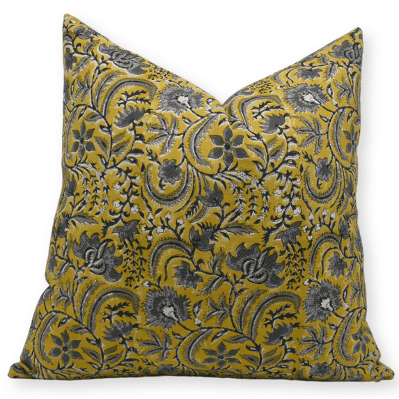 Fabdivine Block Print Throw Pillow Cover, 14x14 Inch Duck Canvas Handmade Cushion Cover, Floral Print Boho Design Yellow Pillow Cover for Sofa and Couch