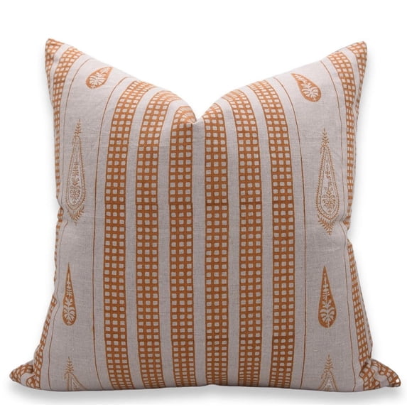 Fabdivine Block Print Throw Pillow Cover, 14x14 Inch Pure Linen Decorative Cushion Cover, Floral Boho Design Orange Pillow Cover for Sofa And Couch