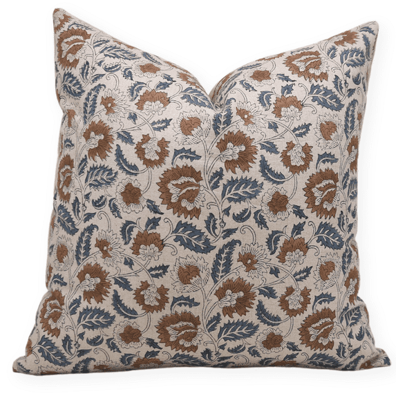 Fabdivine Block Print Throw Pillow Cover, 14x14 Inch Pure Linen Handmade Cushion Cover, Floral Print Boho Design Blue Pillow Cover for Sofa and Couch