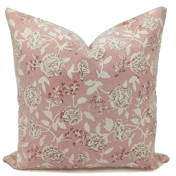 Fabdivine Block Print Throw Pillow Cover, 14x14 Inch Thick Cotton Decorative Cushion Cover, Floral Boho Design Pink Pillow Cover for Sofa And Couch