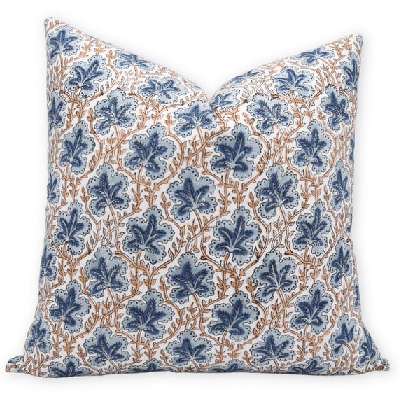 Fabdivine Block Print Throw Pillow Cover, 14x14 Inch Thick Cotton White Decorative Cushion Cover, Floral Print Boho Design Blue Pillow Cover for Sofa and Couch