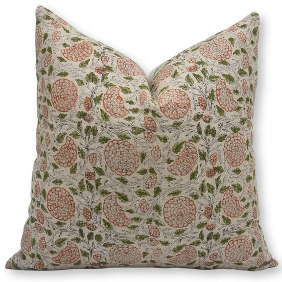 Fabdivine Block Print Throw Pillow Cover, 14x14 Inch Thick Linen Decorative Cushion Cover, Floral Print Boho Design Green Pillow Cover for Sofa and Couch