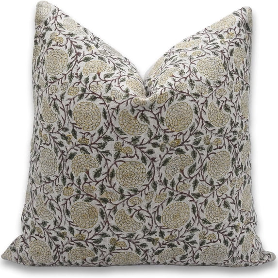 Fabdivine Block Print Throw Pillow Cover, 14x14 Inch Thick Linen Decorative Cushion Cover, Floral Print Boho Design Mustard Pillow Cover for Sofa and Couch