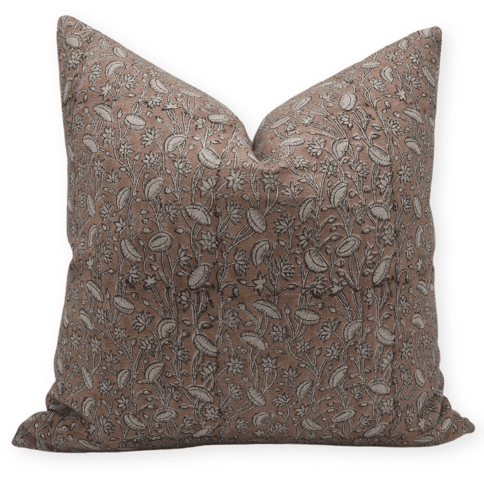 Rust Floral Block Print Linen 14x14 Pillow Cover