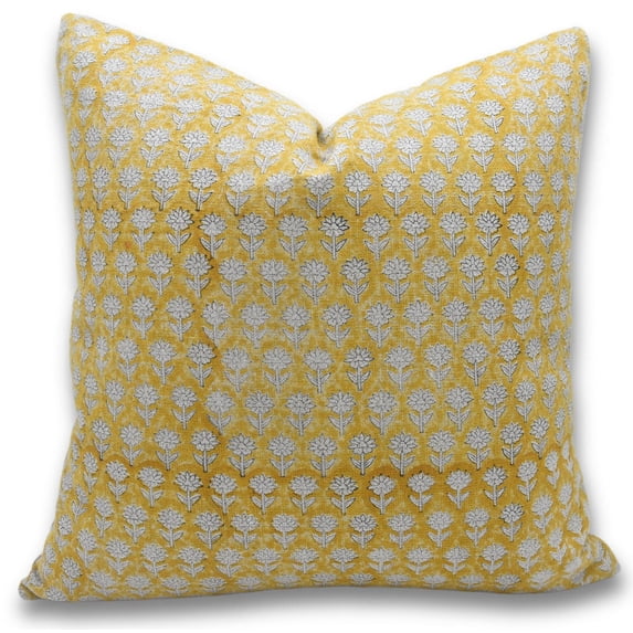 Fabdivine Block Print Throw Pillow Cover, 14x14 Inch Thick Linen Outdoor Cushion Cover, Floral Print Boho Design Mustard Pillow Cover for Sofa and Couch