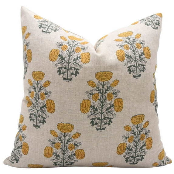 Fabdivine Block Print Throw Pillow Cover, 14x14 Inch Thick Linen Vintage Cushion Cover, Floral Print Boho Design Mustard Pillow Cover for Sofa and Couch