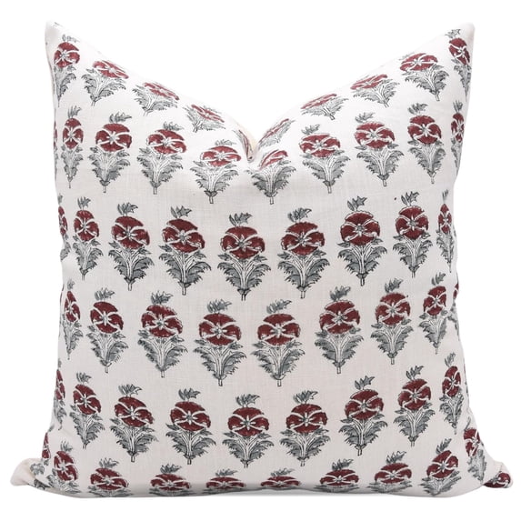 Fabdivine Block Print Throw Pillow Cover, 14x14 Inch Off White Linen Handmade Cushion Cover, Floral Print Boho Design Red Pillow Cover for Sofa and Couch