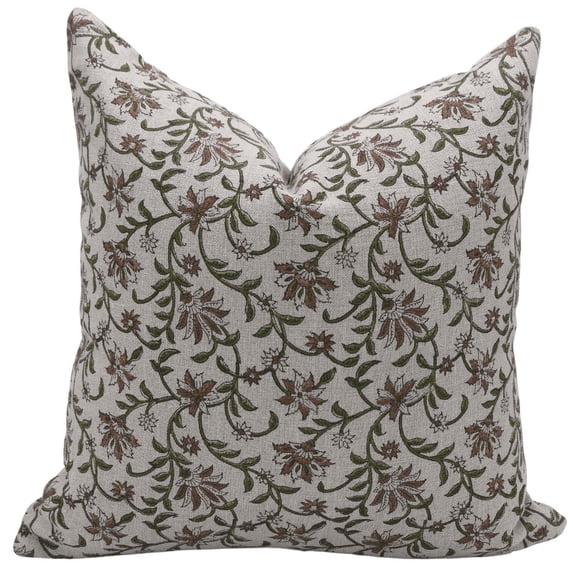 Fabdivine Hand Block Print Linen Pillow Cover 14x14 Green Floral Boho Farmhouse Cushion