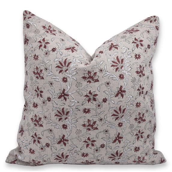 Fabdivine Block Print Throw Pillow Cover, 14x14 InchThick Linen Decorative Cushion Cover, Floral Print Boho Design Maroon Pillow Cover for Sofa and Couch