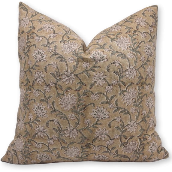 Fabdivine Block Print Throw Pillow Cover, 14x14 InchThick Linen Decorative Pillowcase, Floral Boho Design Brown Pillow Cover for Sofa And Couch