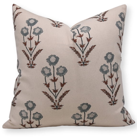 Fabdivine Block Print Throw Pillow Cover, 14x20 Inch Duck Canvas Handmade Cushion Cover, Floral Print Boho Design Grey Pillow Cover for Sofa and Couch