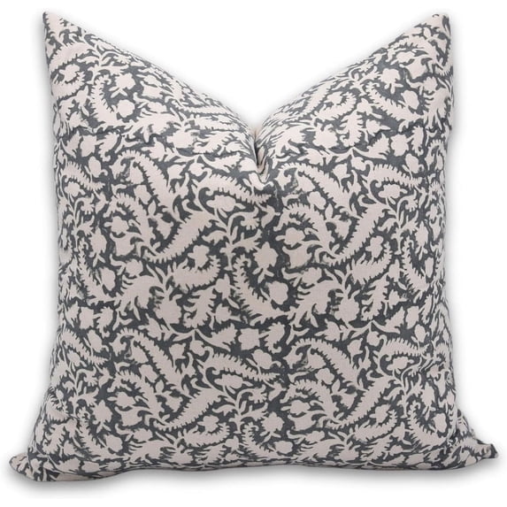 Fabdivine Block Print Throw Pillow Cover, 14x20 Inch Duck Canvas Handmade Cushion Cover, Floral Print Boho Design Grey Pillow Cover for Sofa and Couch